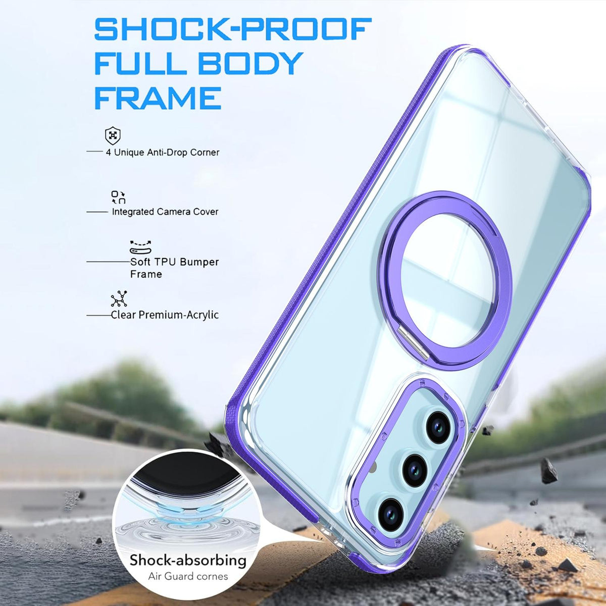 For Galaxy S23 FE 5G Dual Color Clear 360 Degree Rotation Holder Magnetic Phone Case - Purple - EDA009691912E