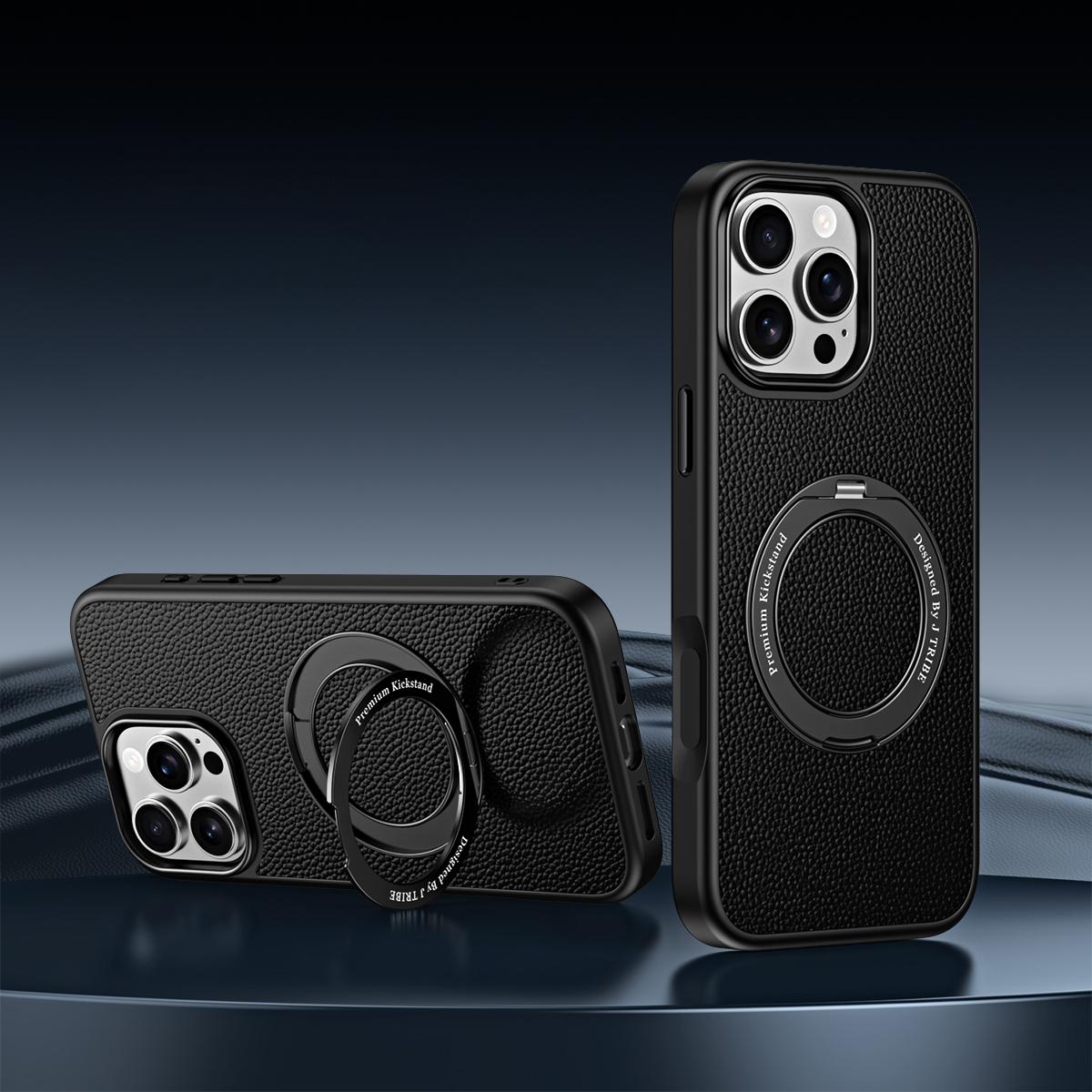 For iPhone 15 Pro Max 360 Degree Rotation Holder Magnetic Vegan Leather Phone Case - Black - EDA009692202A