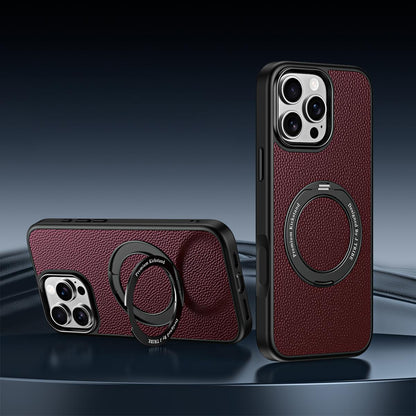 For iPhone 15 Pro Max 360 Degree Rotation Holder Magnetic Vegan Leather Phone Case - Tea Purple - EDA009692202B