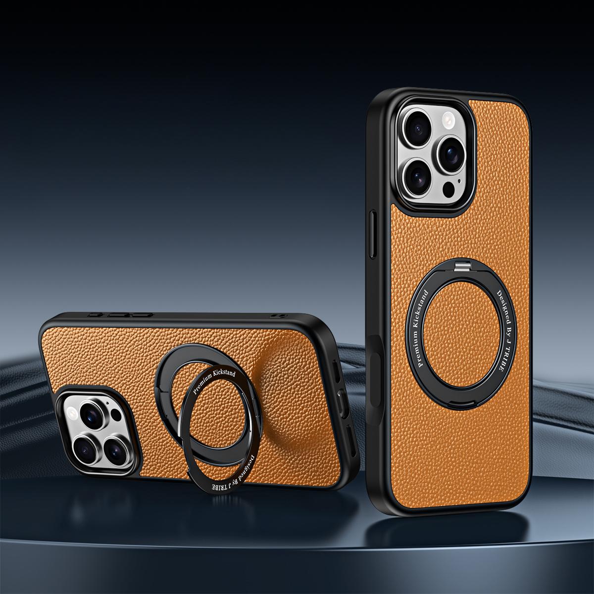 For iPhone 15 Pro Max 360 Degree Rotation Holder Magnetic Vegan Leather Phone Case - Amber Brown - EDA009692202C