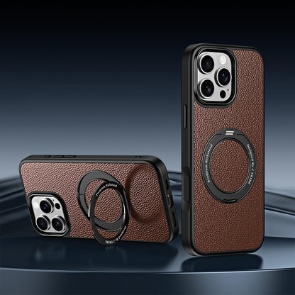 For iPhone 15 Pro Max 360 Degree Rotation Holder Magnetic Vegan Leather Phone Case - Coffee Brown - EDA009692202D
