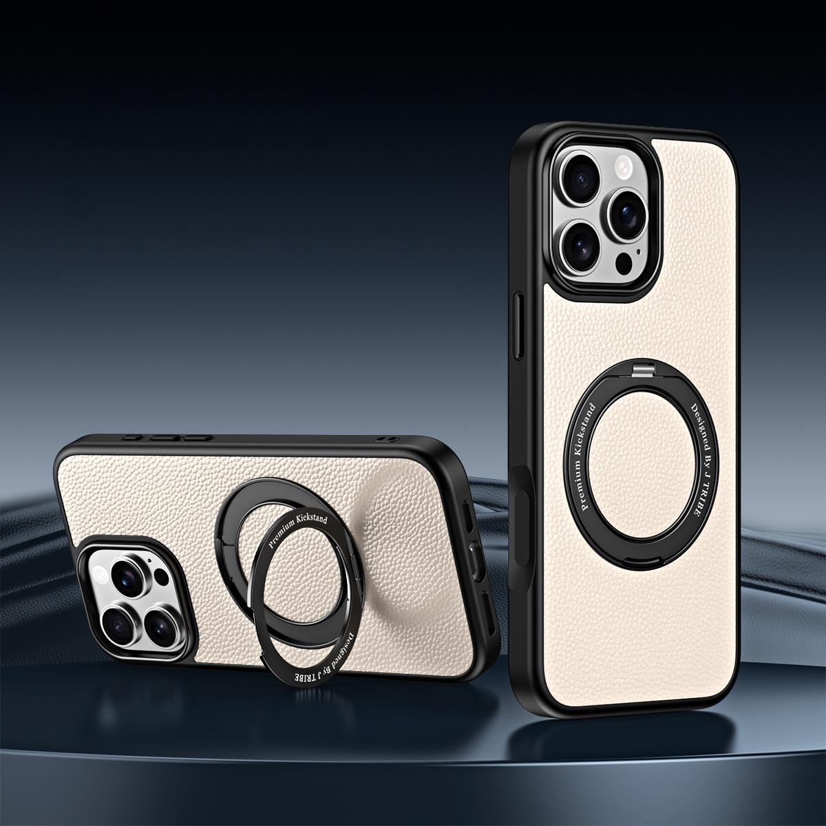 For iPhone 15 Pro Max 360 Degree Rotation Holder Magnetic Vegan Leather Phone Case - Cream White - EDA009692202E