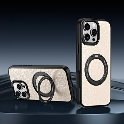 For iPhone 15 Pro Max 360 Degree Rotation Holder Magnetic Vegan Leather Phone Case - Cream White - EDA009692202E