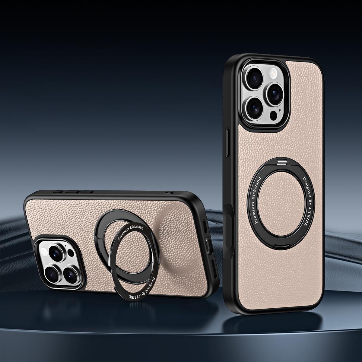 For iPhone 15 Pro Max 360 Degree Rotation Holder Magnetic Vegan Leather Phone Case - Elephant Grey - EDA009692202F