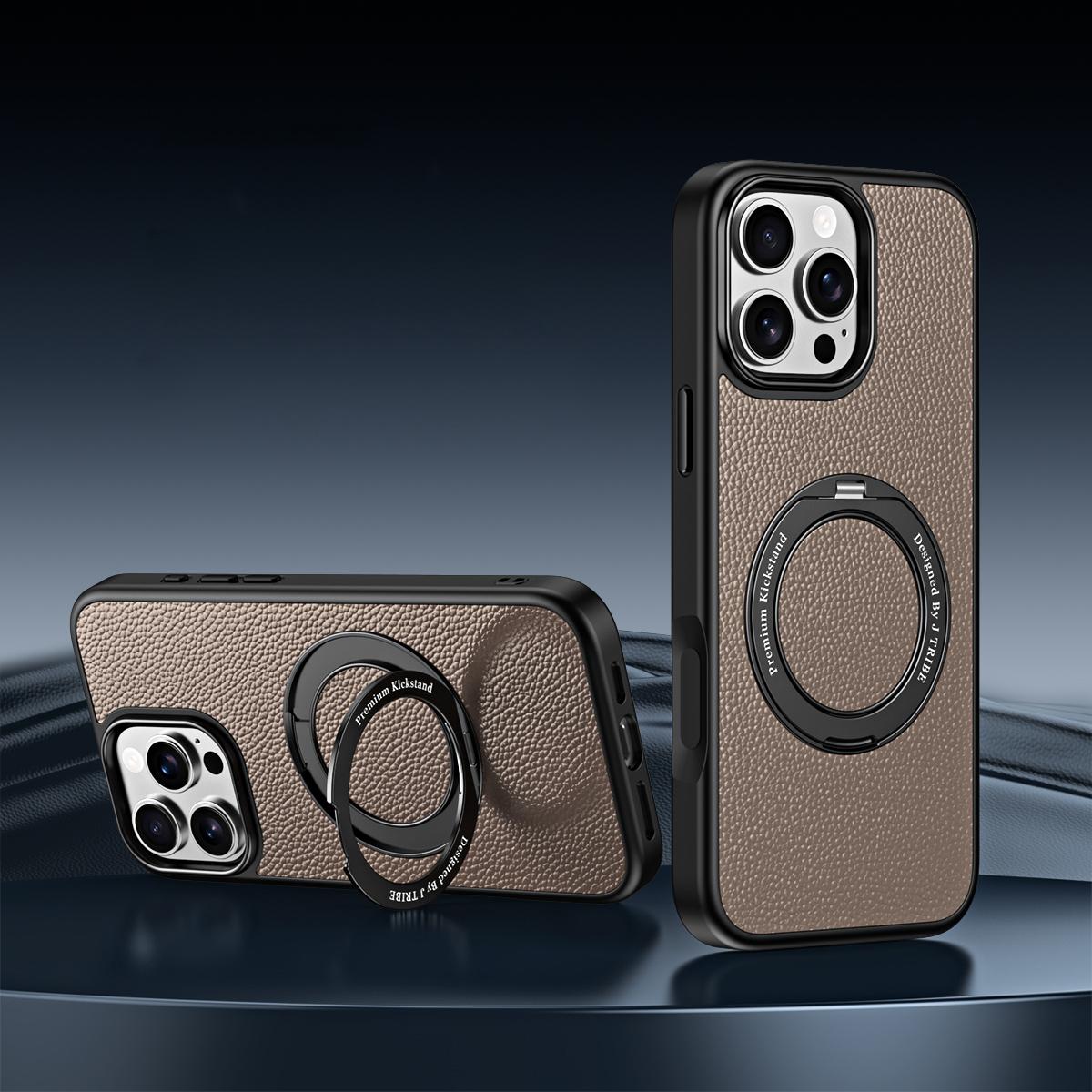 For iPhone 15 Pro Max 360 Degree Rotation Holder Magnetic Vegan Leather Phone Case - Truffle Brown - EDA009692202G