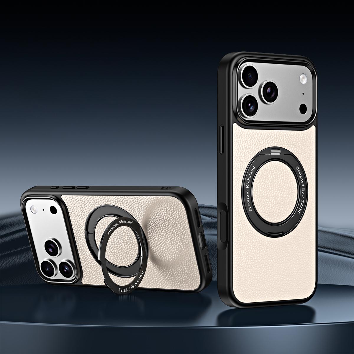For iPhone 18 Pro / 17 Pro 360 Degree Rotation Holder Magnetic Vegan Leather Phone Case - Cream White - EDA009692205E