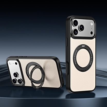 For iPhone 18 Pro / 17 Pro 360 Degree Rotation Holder Magnetic Vegan Leather Phone Case - Cream White - EDA009692205E
