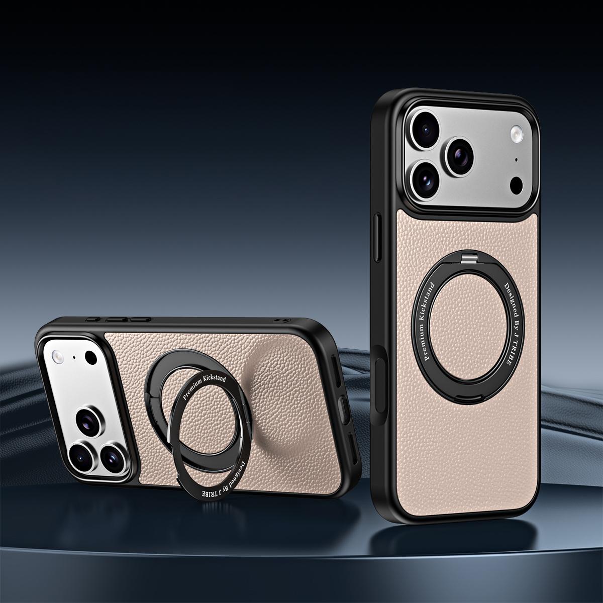 For iPhone 18 Pro / 17 Pro 360 Degree Rotation Holder Magnetic Vegan Leather Phone Case - Elephant Grey - EDA009692205F