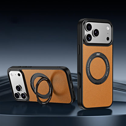 For iPhone 18 Pro Max / 17 Pro Max 360 Degree Rotation Holder Magnetic Vegan Leather Phone Case - Amber Brown - EDA009692206C