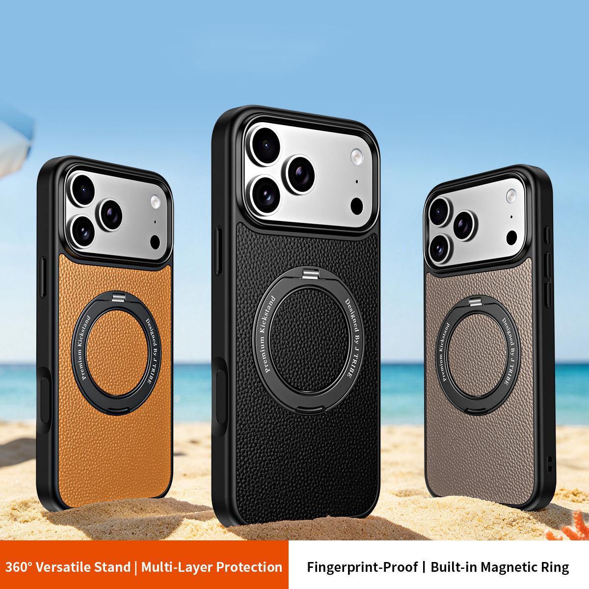 For iPhone 15 Pro Max 360 Degree Rotation Holder Magnetic Vegan Leather Phone Case - Black - EDA009692202A