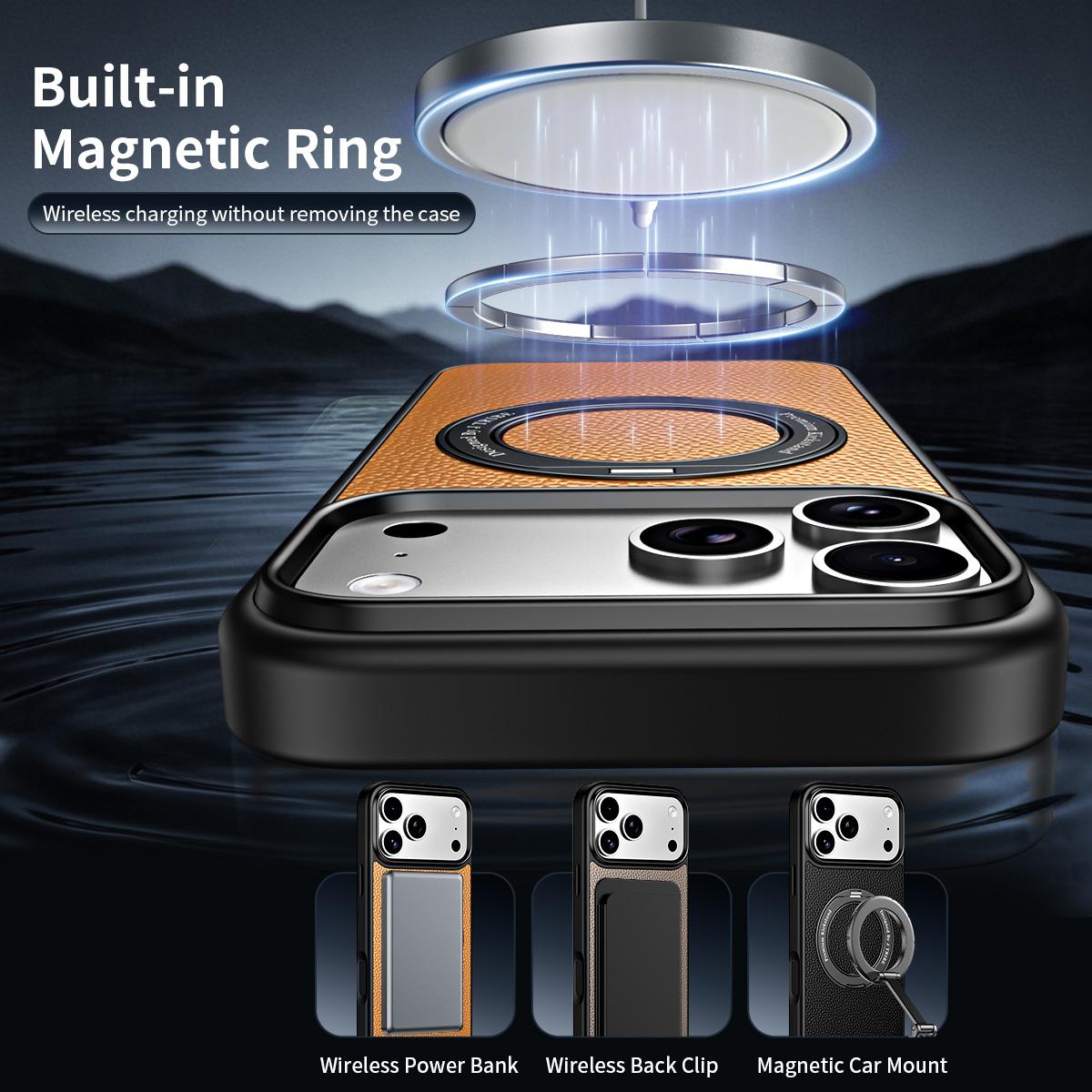 For iPhone 15 Pro Max 360 Degree Rotation Holder Magnetic Vegan Leather Phone Case - Black - EDA009692202A