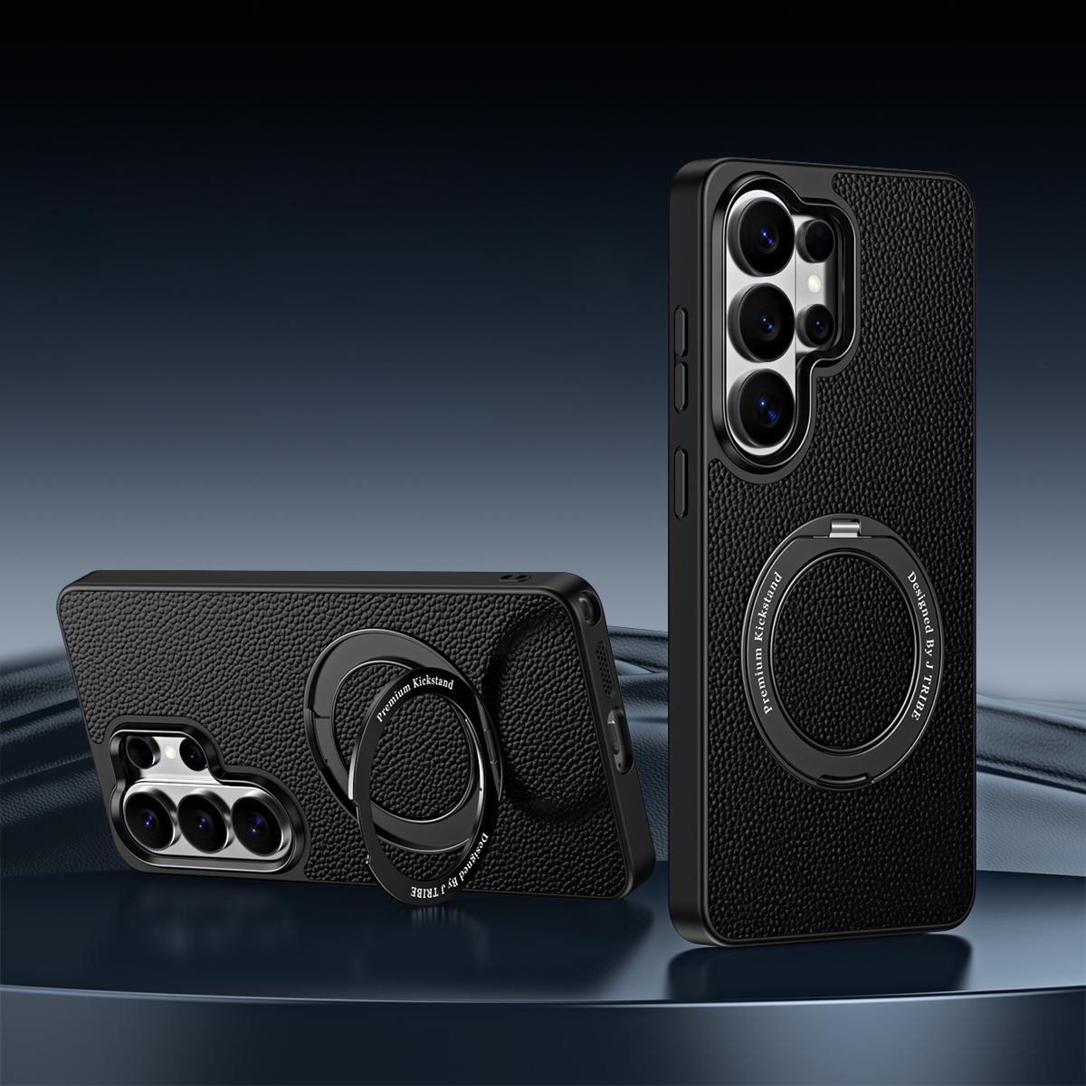 For Galaxy S26 Ultra 5G 360 Degree Rotation Holder Magnetic Vegan Leather Phone Case - Black - EDA009692302A