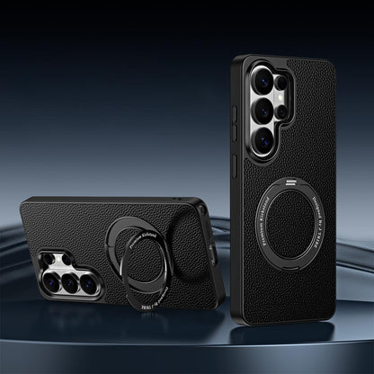 For Galaxy S26 Ultra 5G 360 Degree Rotation Holder Magnetic Vegan Leather Phone Case - Black - EDA009692302A