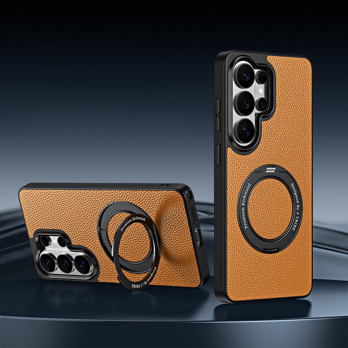 For Galaxy S26 Ultra 5G 360 Degree Rotation Holder Magnetic Vegan Leather Phone Case - Amber Brown - EDA009692302C