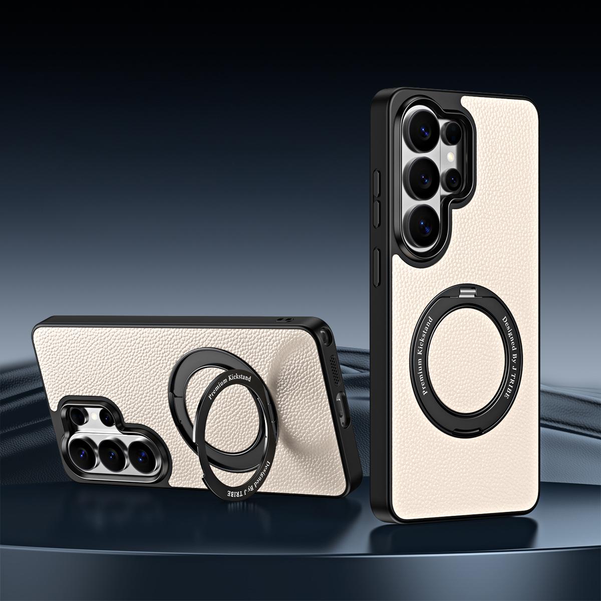 For Galaxy S26 Ultra 5G 360 Degree Rotation Holder Magnetic Vegan Leather Phone Case - Cream White - EDA009692302E
