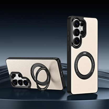 For Galaxy S26 Ultra 5G 360 Degree Rotation Holder Magnetic Vegan Leather Phone Case - Cream White - EDA009692302E