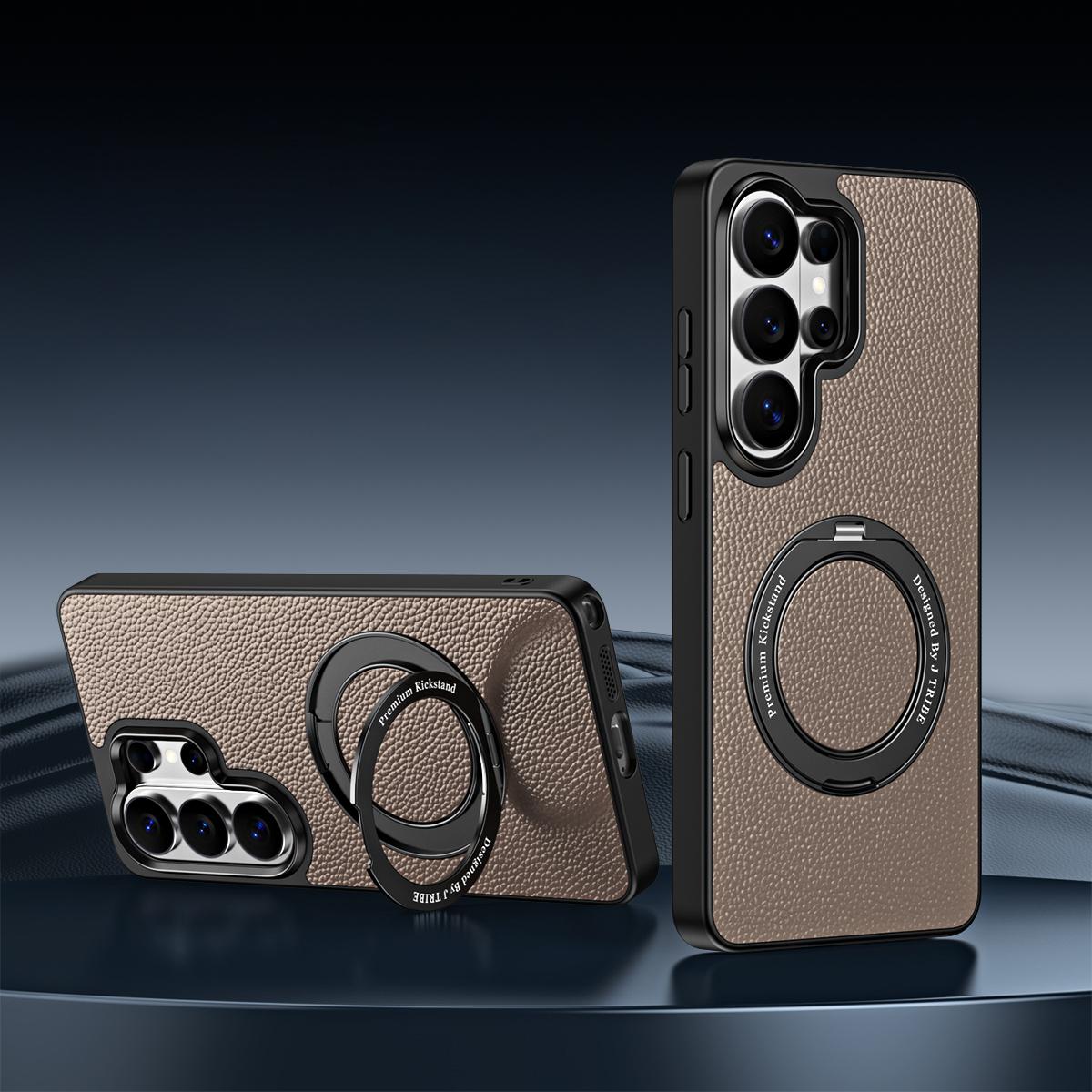 For Galaxy S26 Ultra 5G 360 Degree Rotation Holder Magnetic Vegan Leather Phone Case - Truffle Brown - EDA009692302G