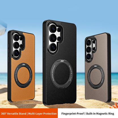 For Galaxy S26 Ultra 5G 360 Degree Rotation Holder Magnetic Vegan Leather Phone Case - Black - EDA009692302A