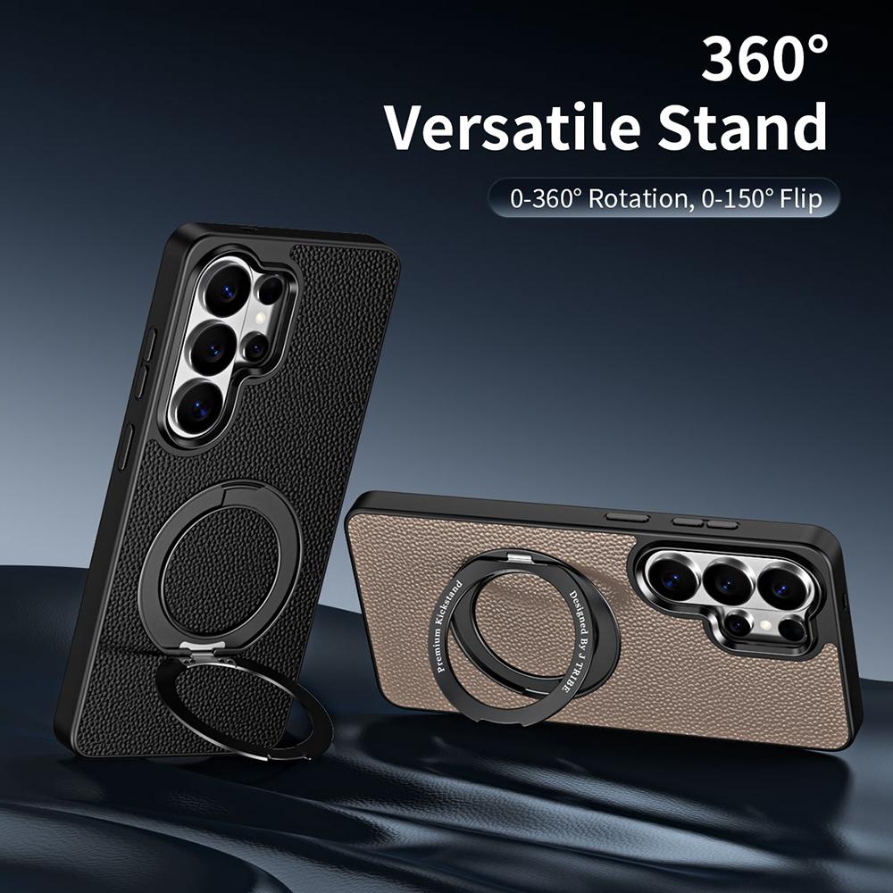 For Galaxy S26 Ultra 5G 360 Degree Rotation Holder Magnetic Vegan Leather Phone Case - Black - EDA009692302A