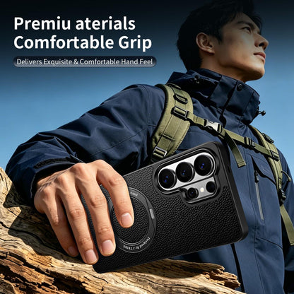 For Galaxy S26 Ultra 5G 360 Degree Rotation Holder Magnetic Vegan Leather Phone Case - Black - EDA009692302A