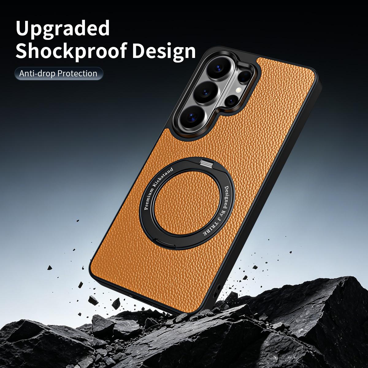 For Galaxy S26 Ultra 5G 360 Degree Rotation Holder Magnetic Vegan Leather Phone Case - Black - EDA009692302A