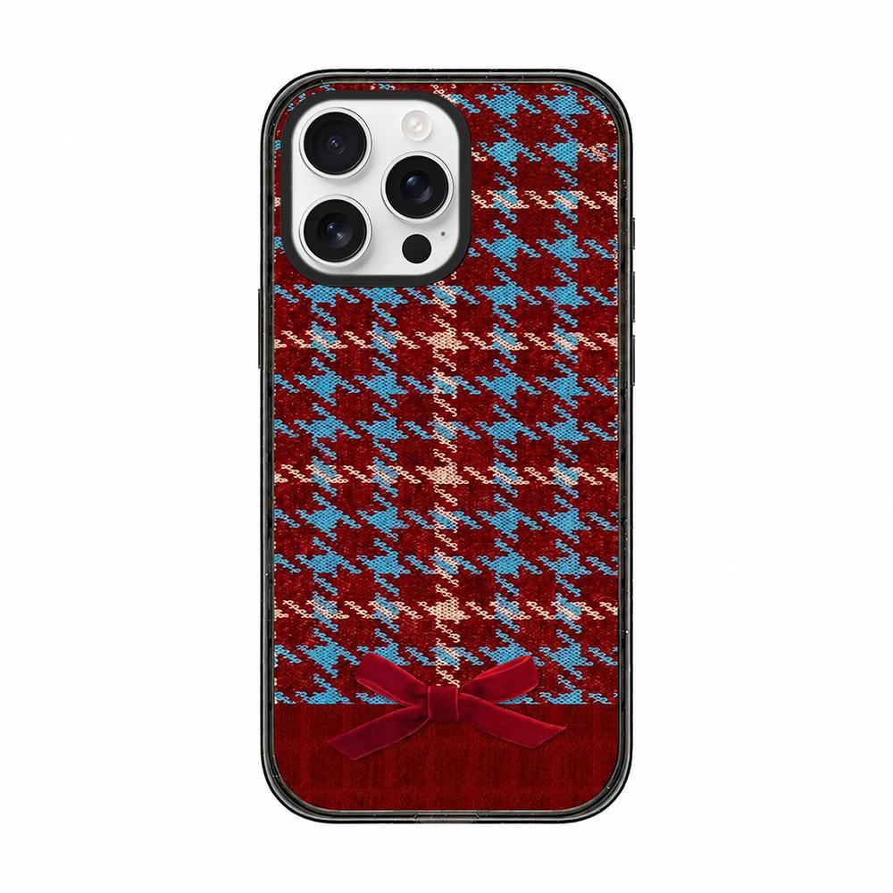 For iPhone 16 Pro Max Denim Knit Printed Acrylic TPU Phone Case - Red Plaid Bow - EDA009692605D