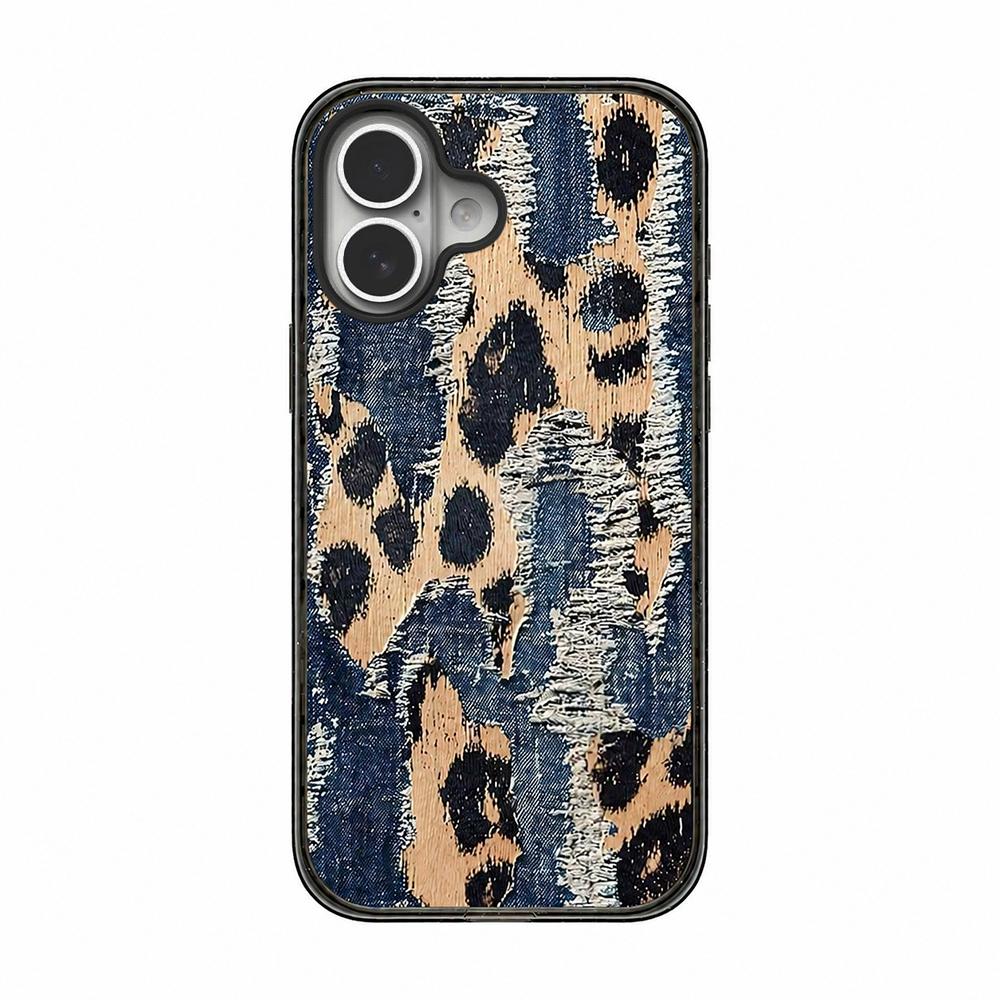 For iPhone 16 Denim Knit Printed Acrylic TPU Phone Case - Cowboy Leopard Print - EDA009692608A
