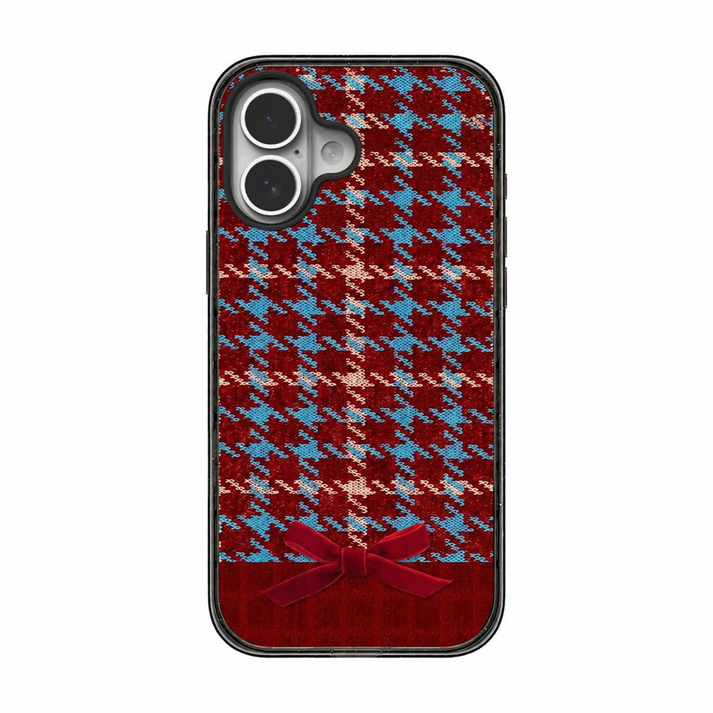 For iPhone 16 Denim Knit Printed Acrylic TPU Phone Case - Red Plaid Bow - EDA009692608D