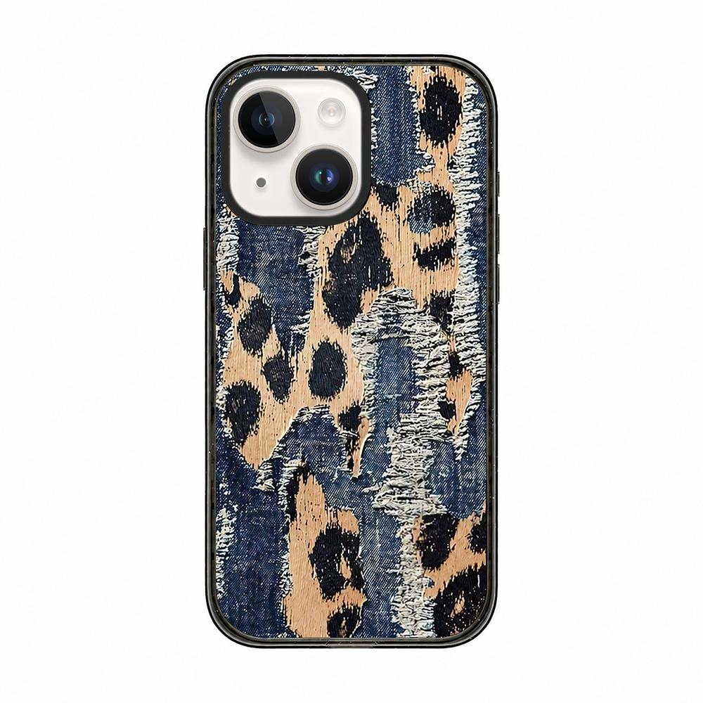 For iPhone 15 Plus Denim Knit Printed Acrylic TPU Phone Case - Cowboy Leopard Print - EDA009692611A