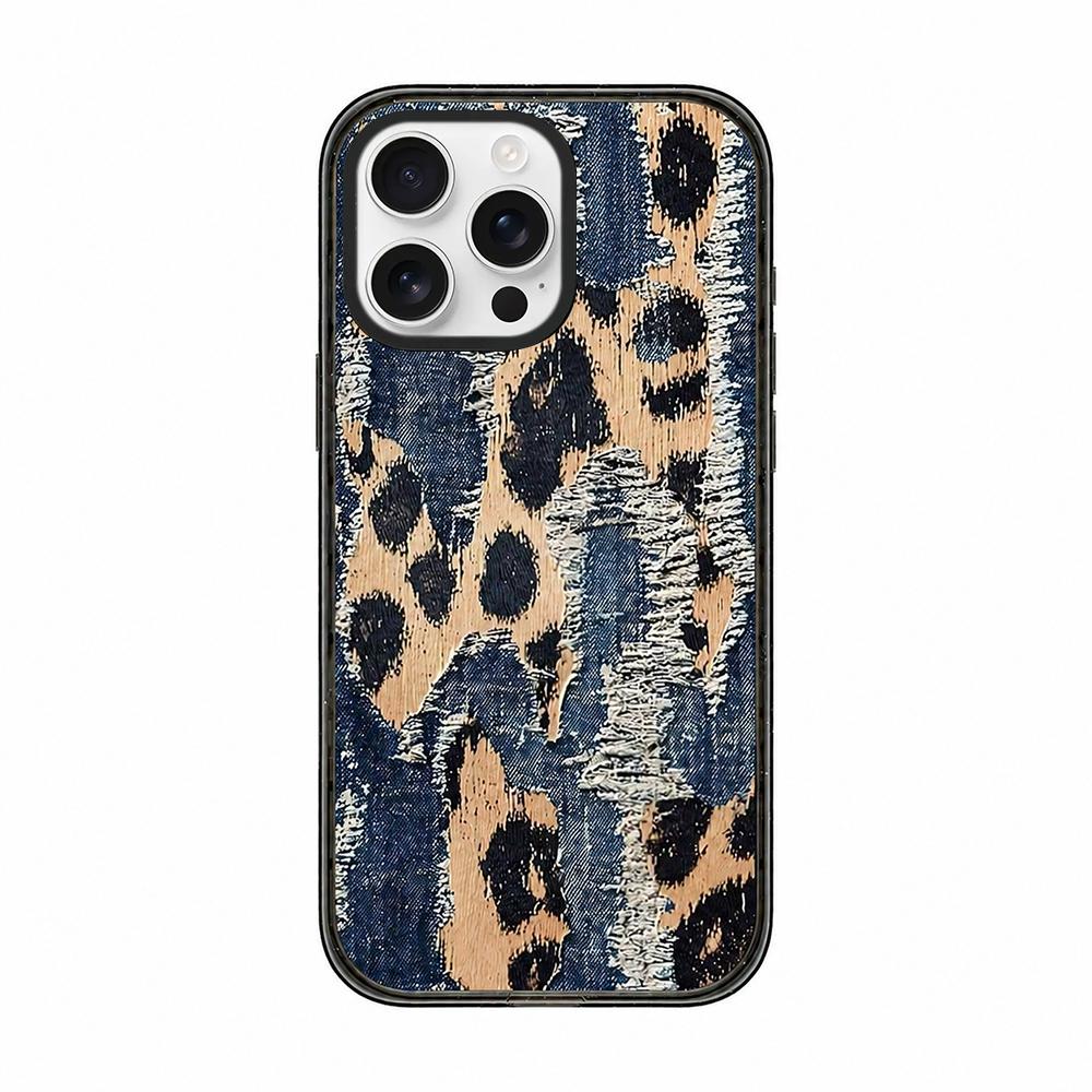 For iPhone 13 Pro Denim Knit Printed Acrylic TPU Phone Case - Cowboy Leopard Print - EDA009692618A