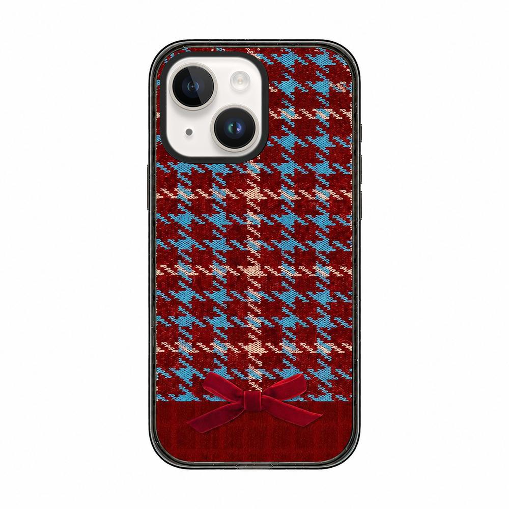 For iPhone 13 Denim Knit Printed Acrylic TPU Phone Case - Red Plaid Bow - EDA009692619D