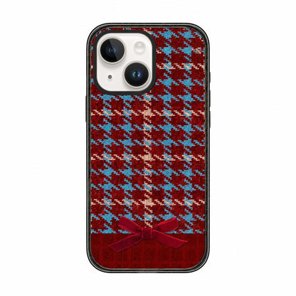 For iPhone 13 Denim Knit Printed Acrylic TPU Phone Case - Red Plaid Bow - EDA009692619D