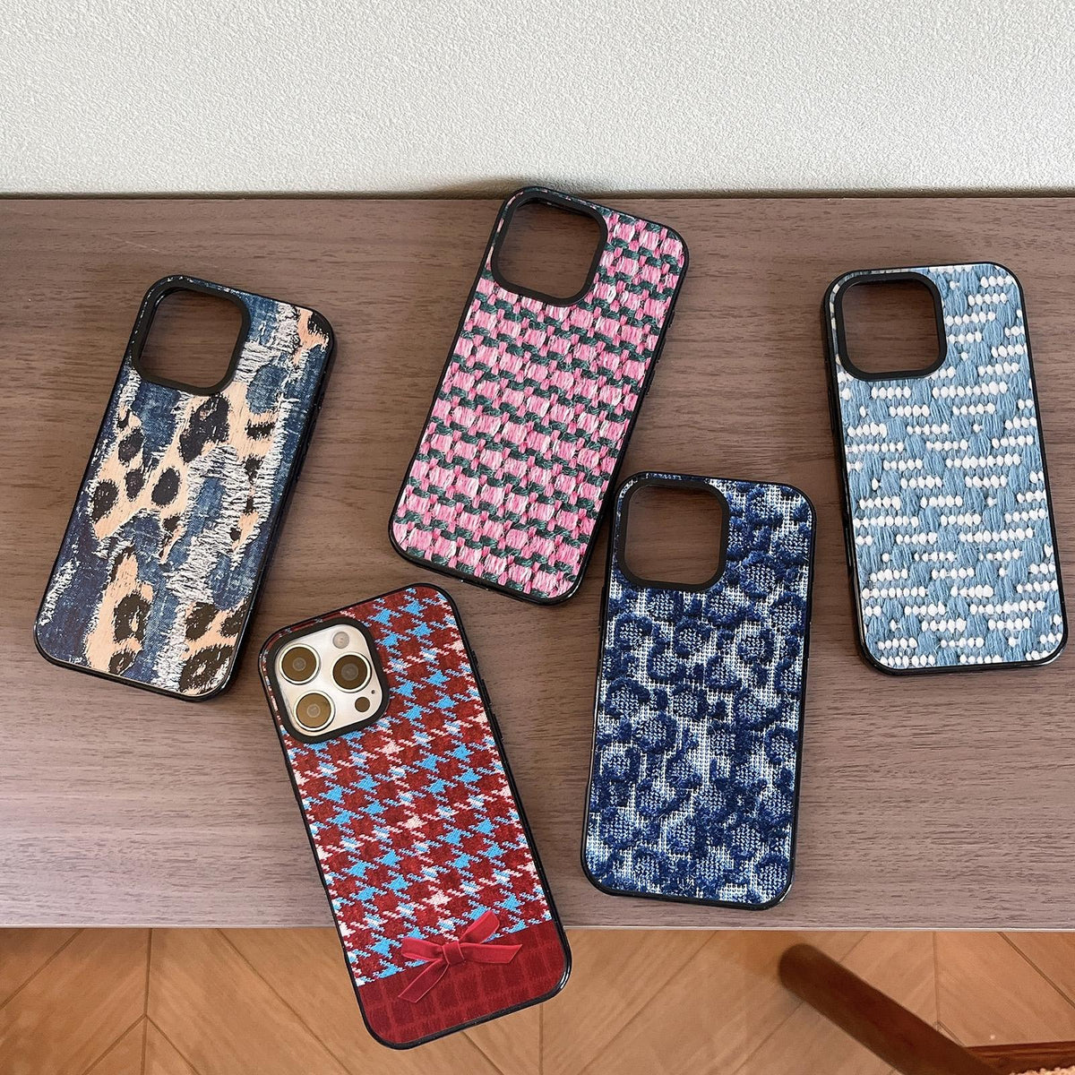 For iPhone 14 Pro Denim Knit Printed Acrylic TPU Phone Case - Cowboy Leopard Print - EDA009692615A