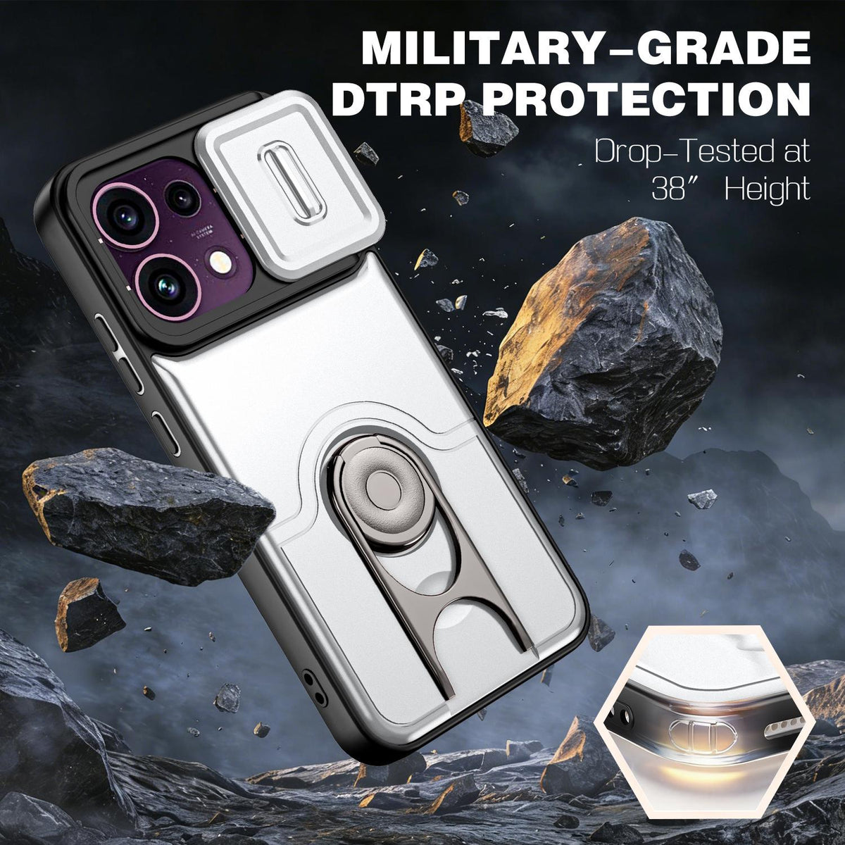 For OPPO Reno16 F 5G Global Sliding Camera Cover 2 in 1 Rotating Holder Air Bag Shockproof Phone Case - Silvery - EDA009696105A