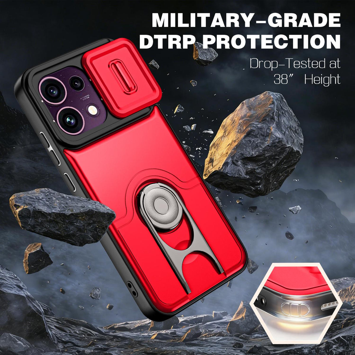 For OPPO Reno16 F 5G Global Sliding Camera Cover 2 in 1 Rotating Holder Air Bag Shockproof Phone Case - Red - EDA009696105D