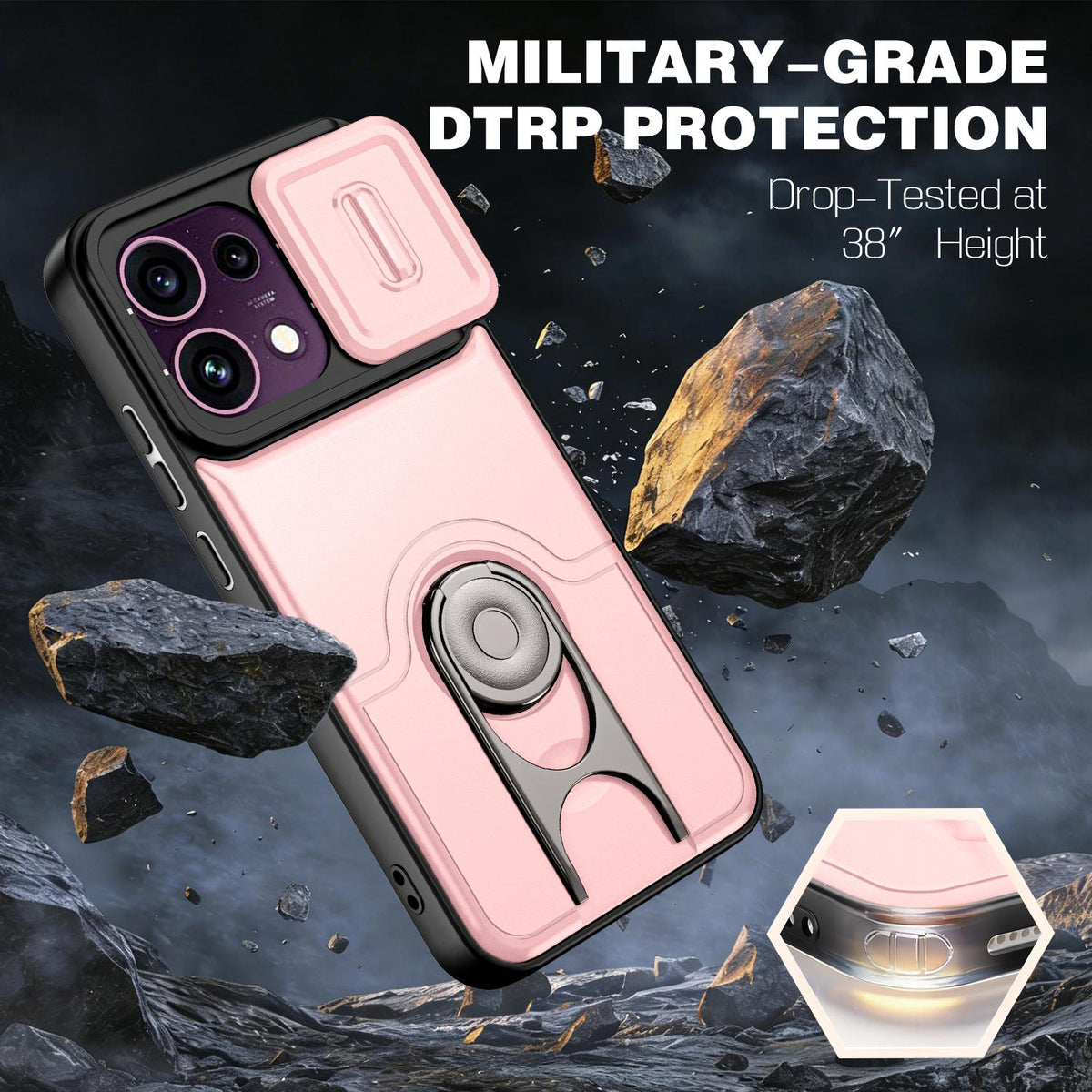For OPPO Reno16 F 5G Global Sliding Camera Cover 2 in 1 Rotating Holder Air Bag Shockproof Phone Case - Pink - EDA009696105E