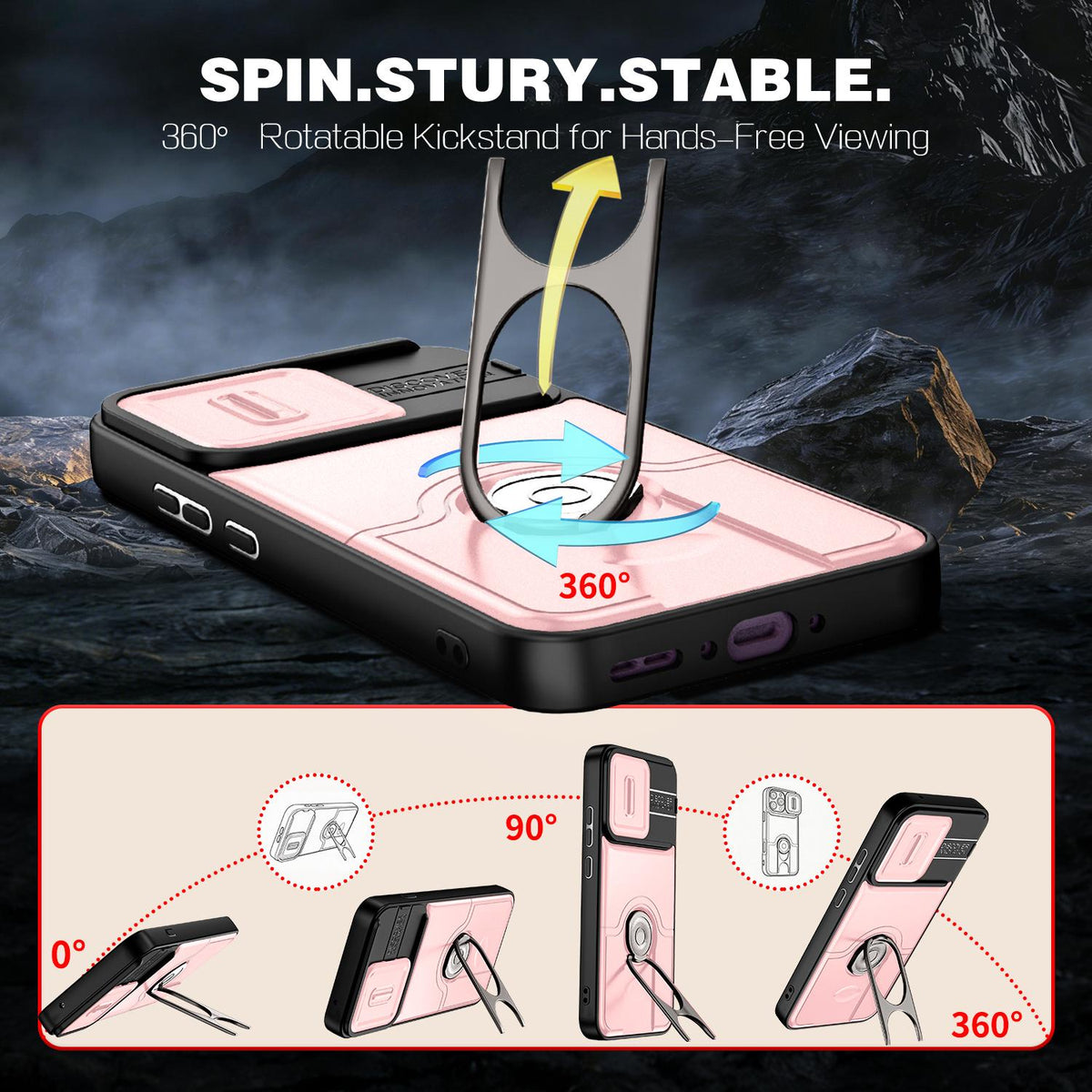 For OPPO Reno16 F 5G Global Sliding Camera Cover 2 in 1 Rotating Holder Air Bag Shockproof Phone Case - Pink - EDA009696105E