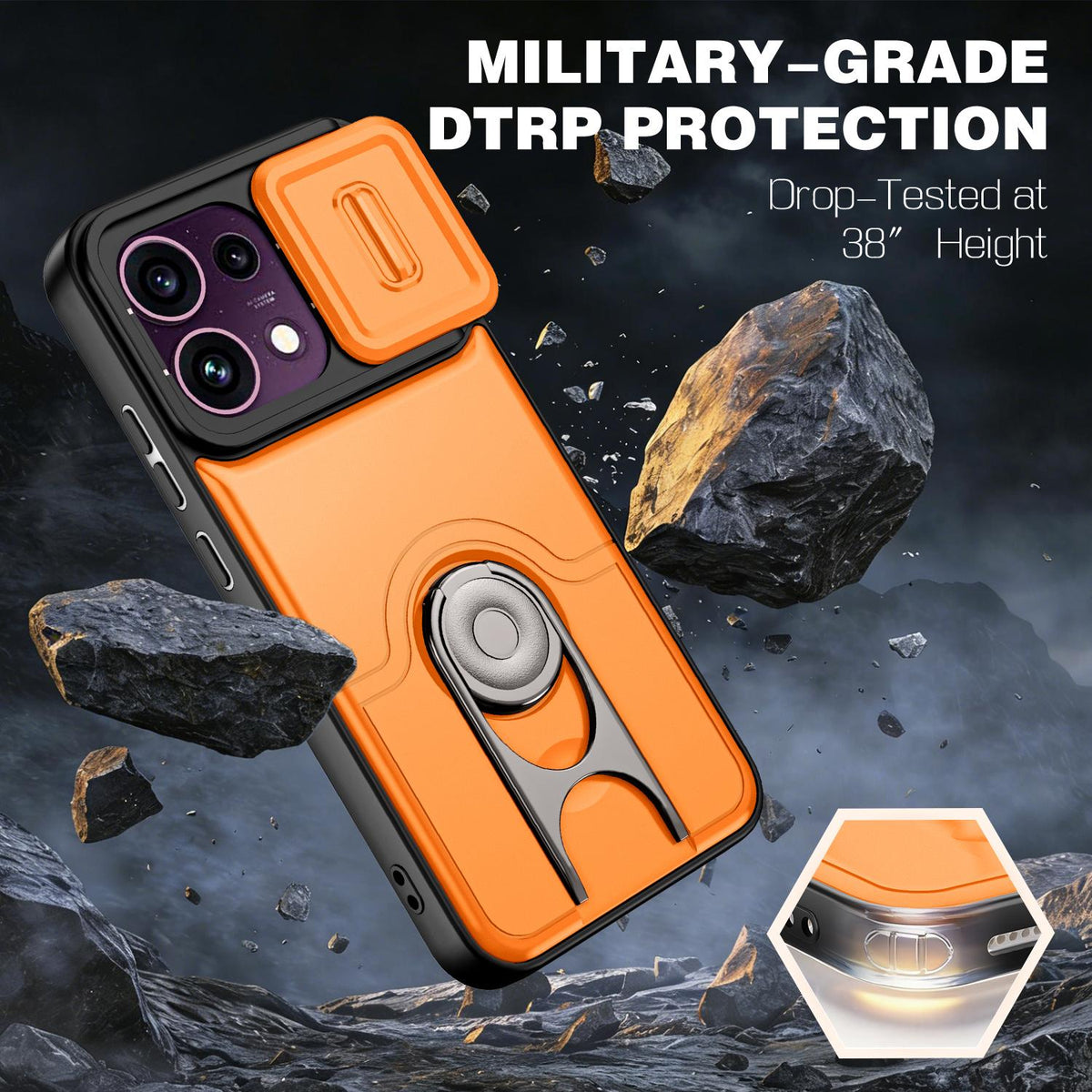 For OPPO Reno16 F 5G Global Sliding Camera Cover 2 in 1 Rotating Holder Air Bag Shockproof Phone Case - Orange - EDA009696105F