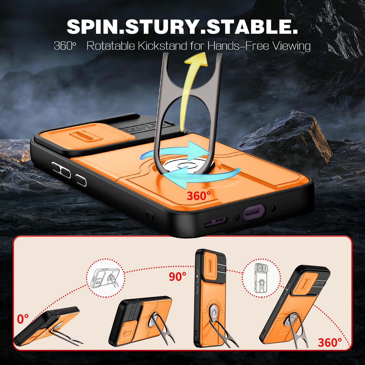 For OPPO Reno16 F 5G Global Sliding Camera Cover 2 in 1 Rotating Holder Air Bag Shockproof Phone Case - Orange - EDA009696105F