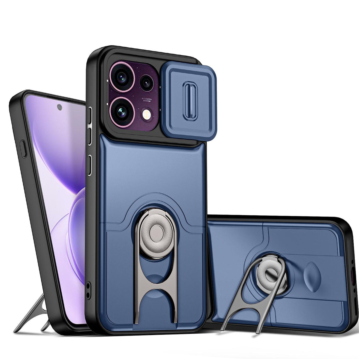 For OPPO Reno16 F 5G Global Sliding Camera Cover 2 in 1 Rotating Holder Air Bag Shockproof Phone Case - Blue - EDA009696105G