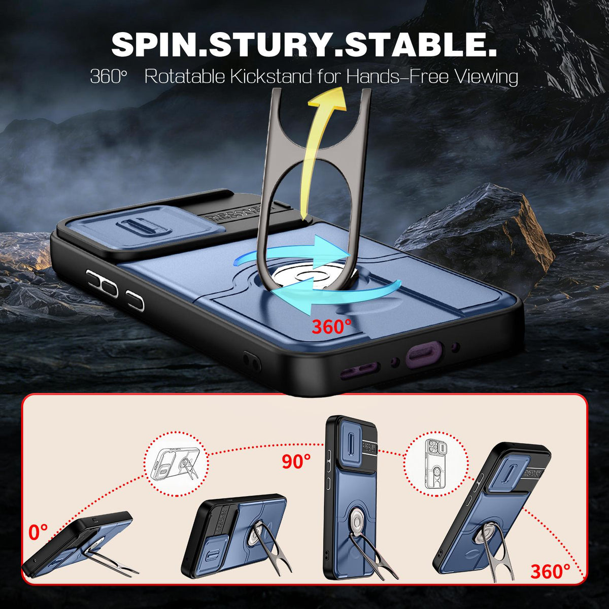 For OPPO Reno16 F 5G Global Sliding Camera Cover 2 in 1 Rotating Holder Air Bag Shockproof Phone Case - Blue - EDA009696105G