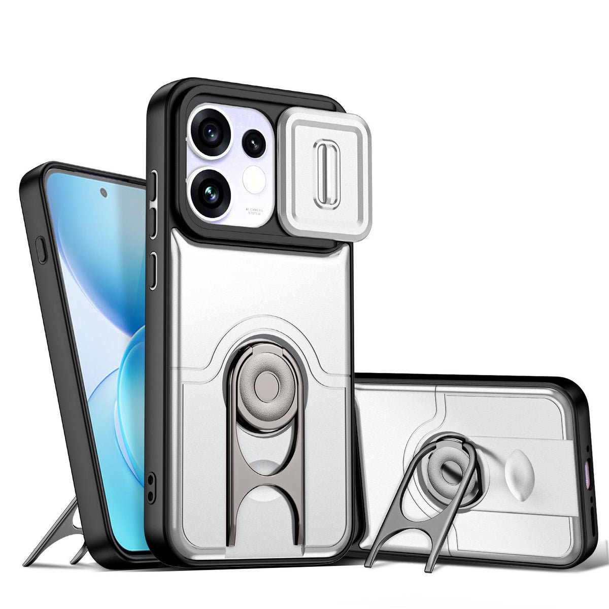 For OPPO Reno16 5G Global Sliding Camera Cover 2 in 1 Rotating Holder Air Bag Shockproof Phone Case - Silvery - EDA009696106A