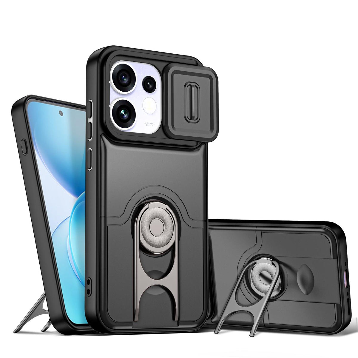 For OPPO Reno16 5G Global Sliding Camera Cover 2 in 1 Rotating Holder Air Bag Shockproof Phone Case - Black - EDA009696106B