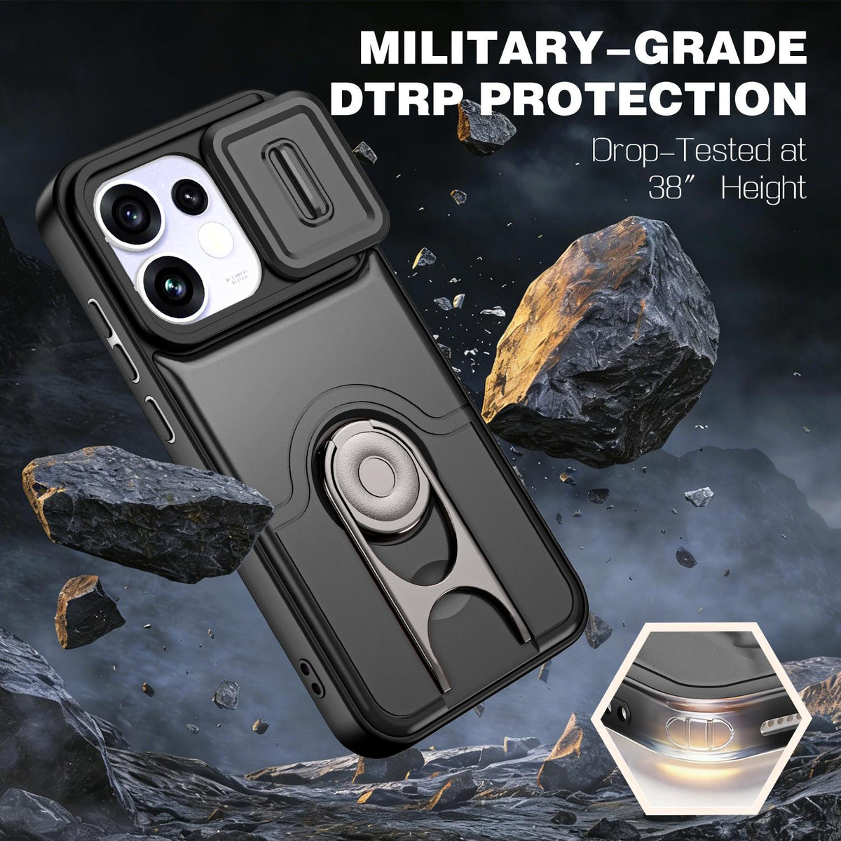 For OPPO Reno16 5G Global Sliding Camera Cover 2 in 1 Rotating Holder Air Bag Shockproof Phone Case - Black - EDA009696106B