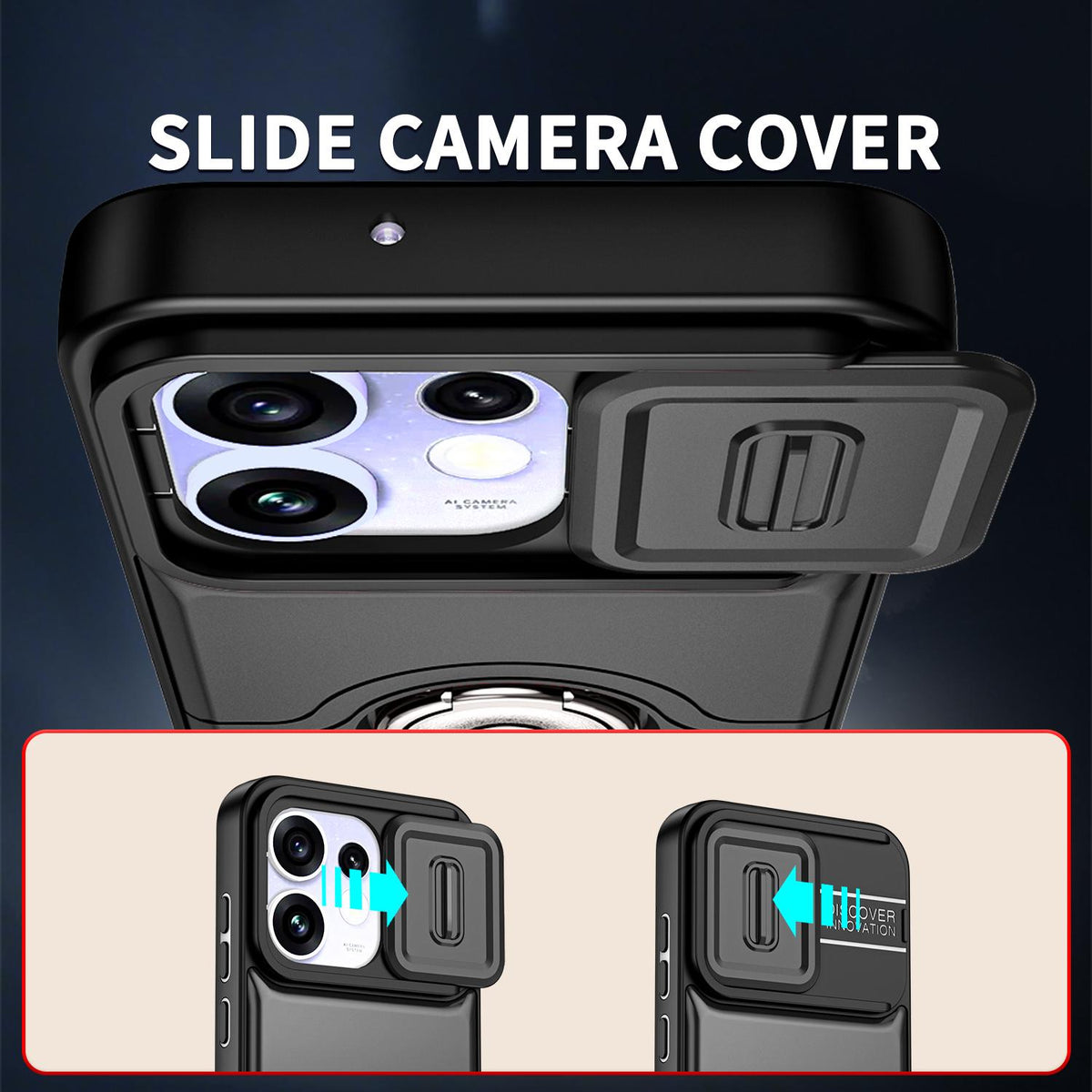 For OPPO Reno16 5G Global Sliding Camera Cover 2 in 1 Rotating Holder Air Bag Shockproof Phone Case - Black - EDA009696106B