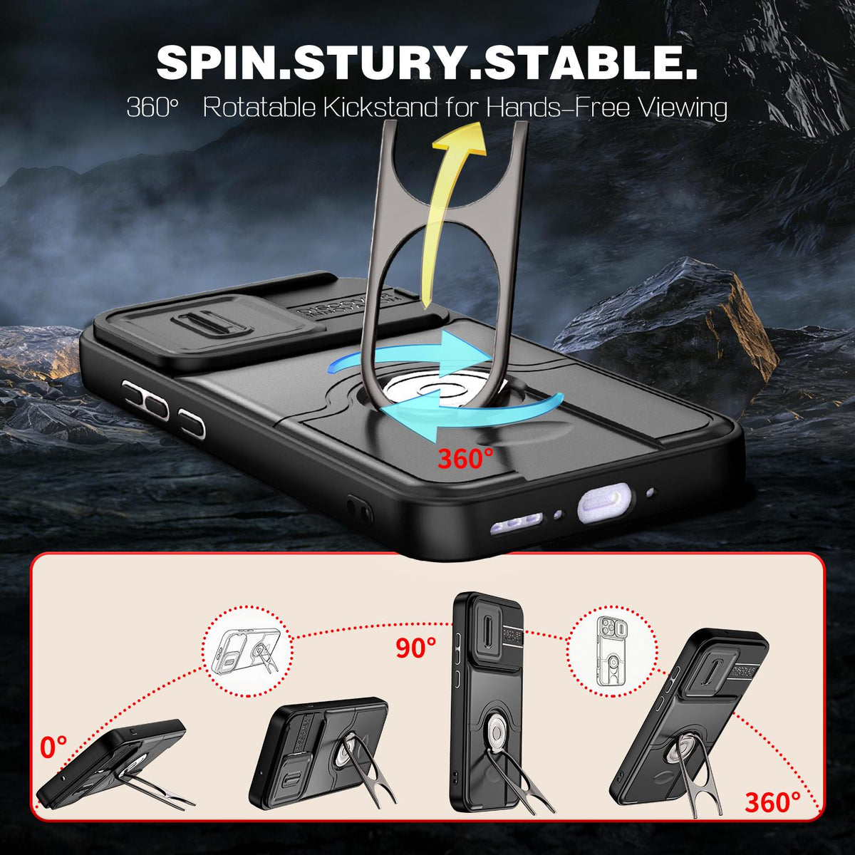 For OPPO Reno16 5G Global Sliding Camera Cover 2 in 1 Rotating Holder Air Bag Shockproof Phone Case - Black - EDA009696106B