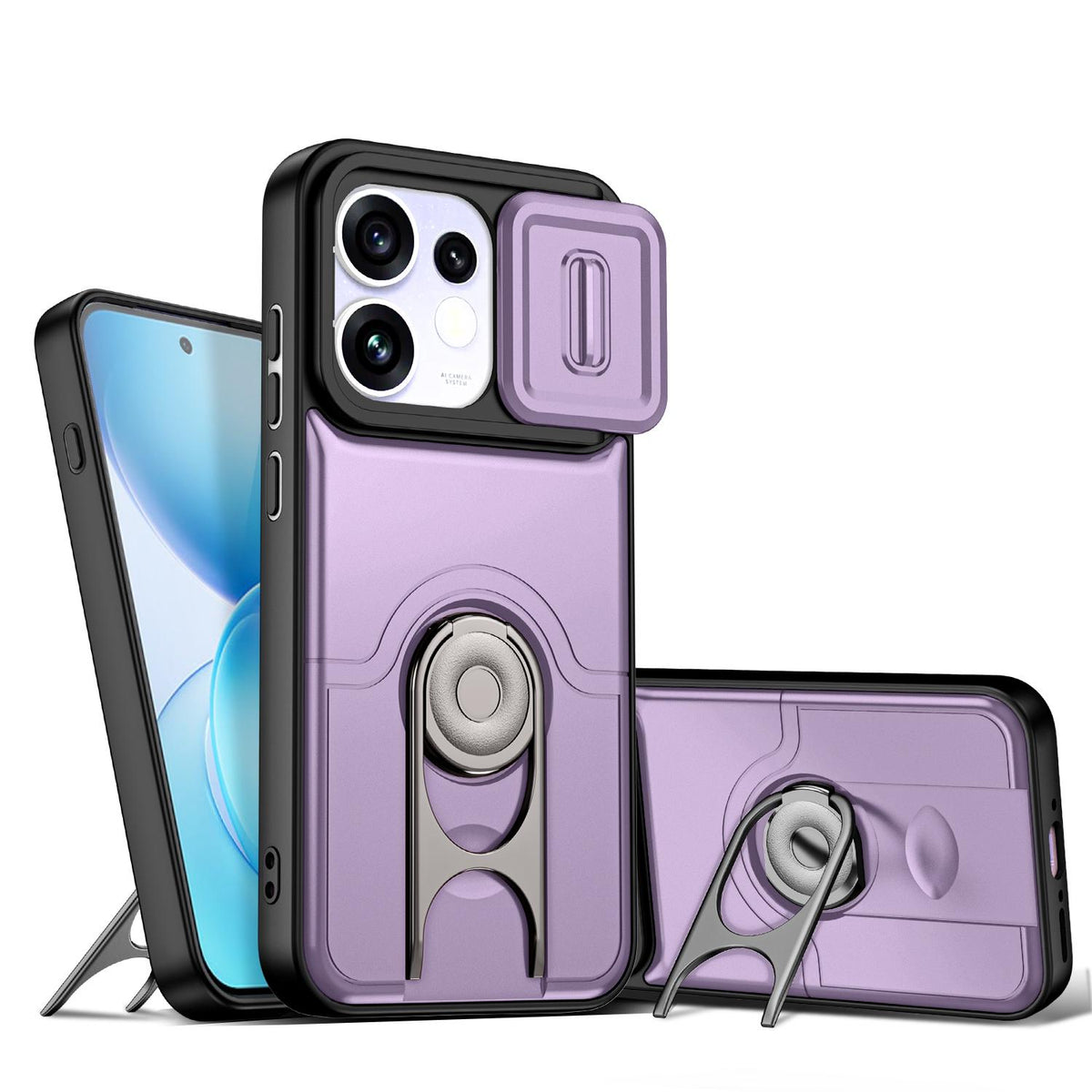For OPPO Reno16 5G Global Sliding Camera Cover 2 in 1 Rotating Holder Air Bag Shockproof Phone Case - Purple - EDA009696106C