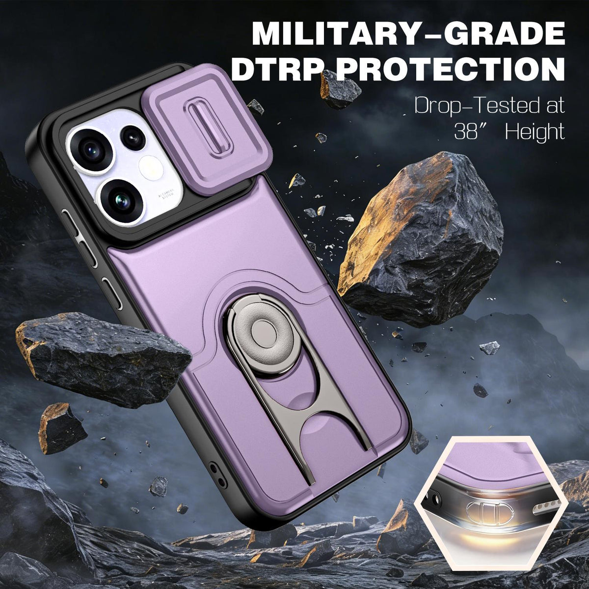 For OPPO Reno16 5G Global Sliding Camera Cover 2 in 1 Rotating Holder Air Bag Shockproof Phone Case - Purple - EDA009696106C