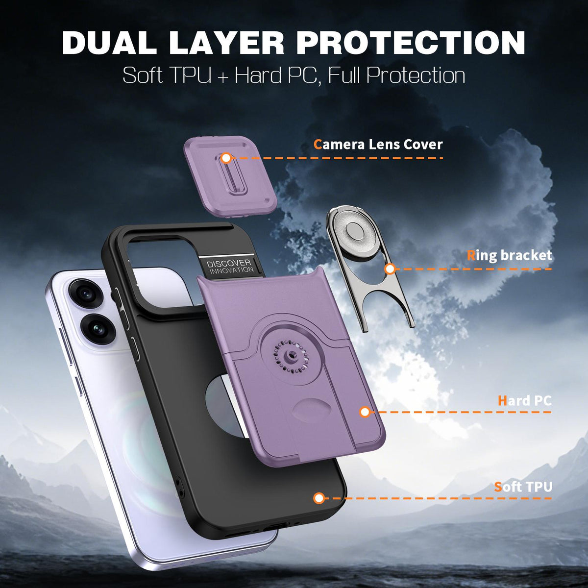 For OPPO Reno16 5G Global Sliding Camera Cover 2 in 1 Rotating Holder Air Bag Shockproof Phone Case - Purple - EDA009696106C