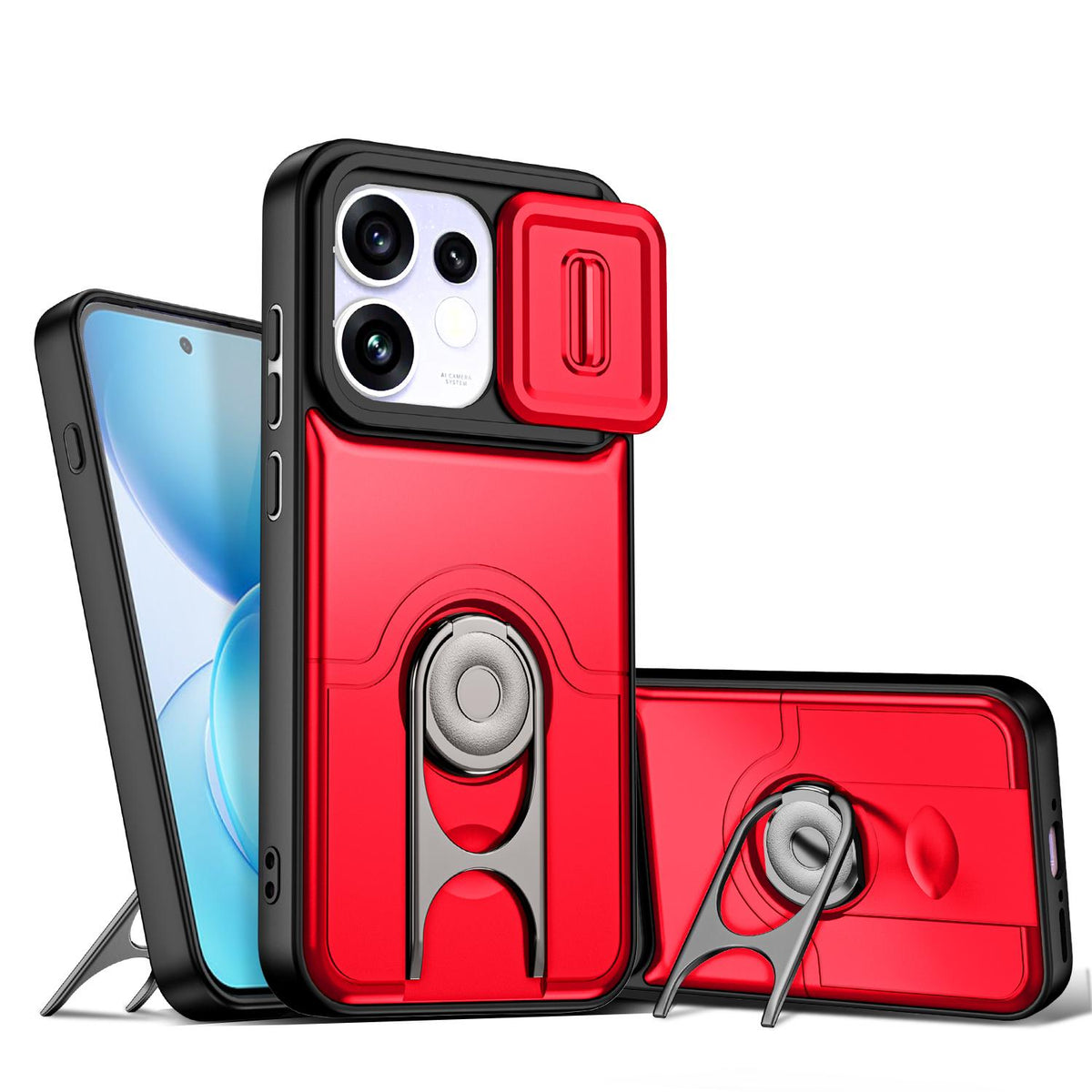 For OPPO Reno16 5G Global Sliding Camera Cover 2 in 1 Rotating Holder Air Bag Shockproof Phone Case - Red - EDA009696106D